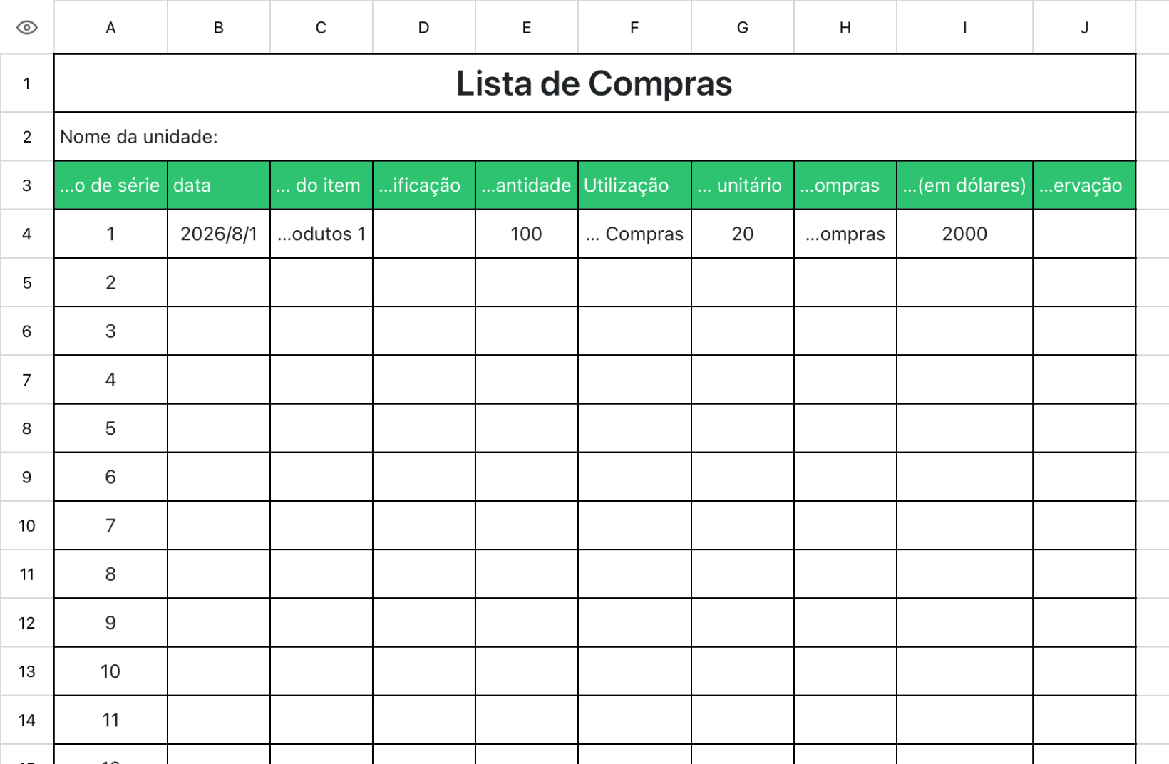 Lista de compras de produção